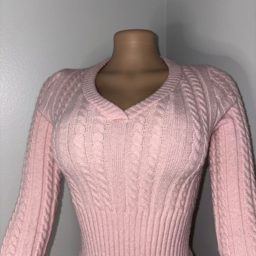 Pink Cable Knit V-Neck Sweater